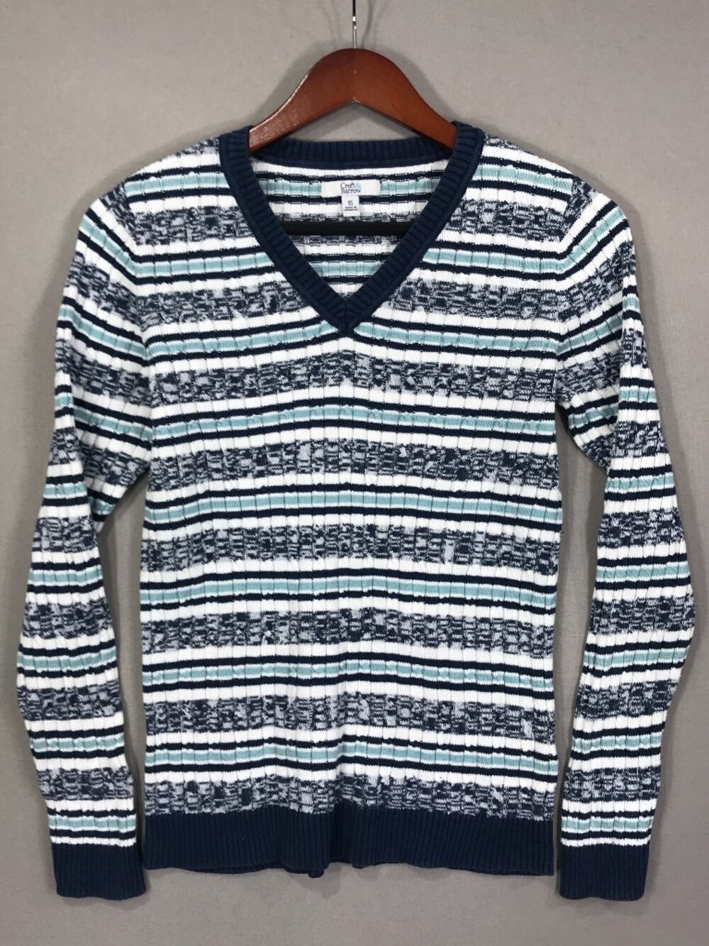 Croft & Barrow Sweater Women's XS Blue White Striped Ribbed Pullover V-Neck LS